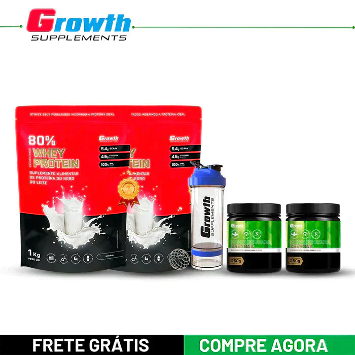 KIT COMBO HARD GROWTH 2 WHEY PROTEIN 1kg + CREATINA 250g + Coqueteleira