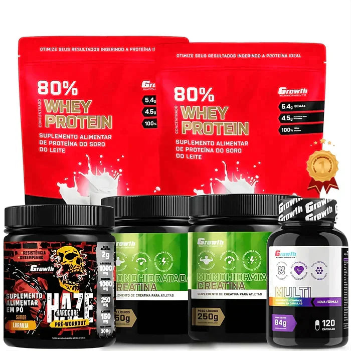 [PROMOÇÃO DE TERÇA FEIRA ÚLTIMO DIA] - Growth 2 Whey 1KG +2 Creatinas 250g +Pré-Treino Haze 300g +Multivitamínico 120caps